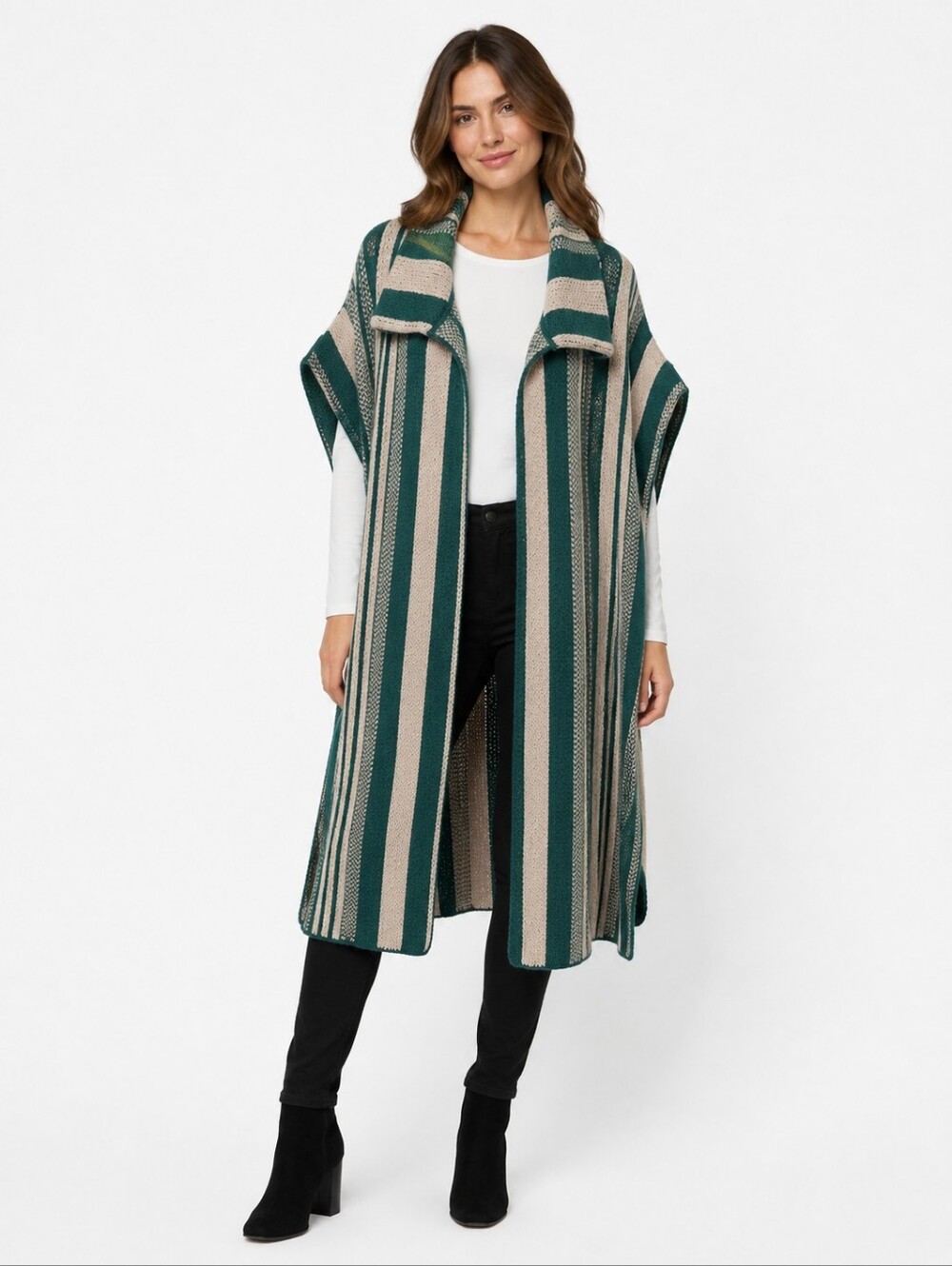 POL Oversized Striped Knit Poncho Cardigan Teal Taupe Longline NWOT